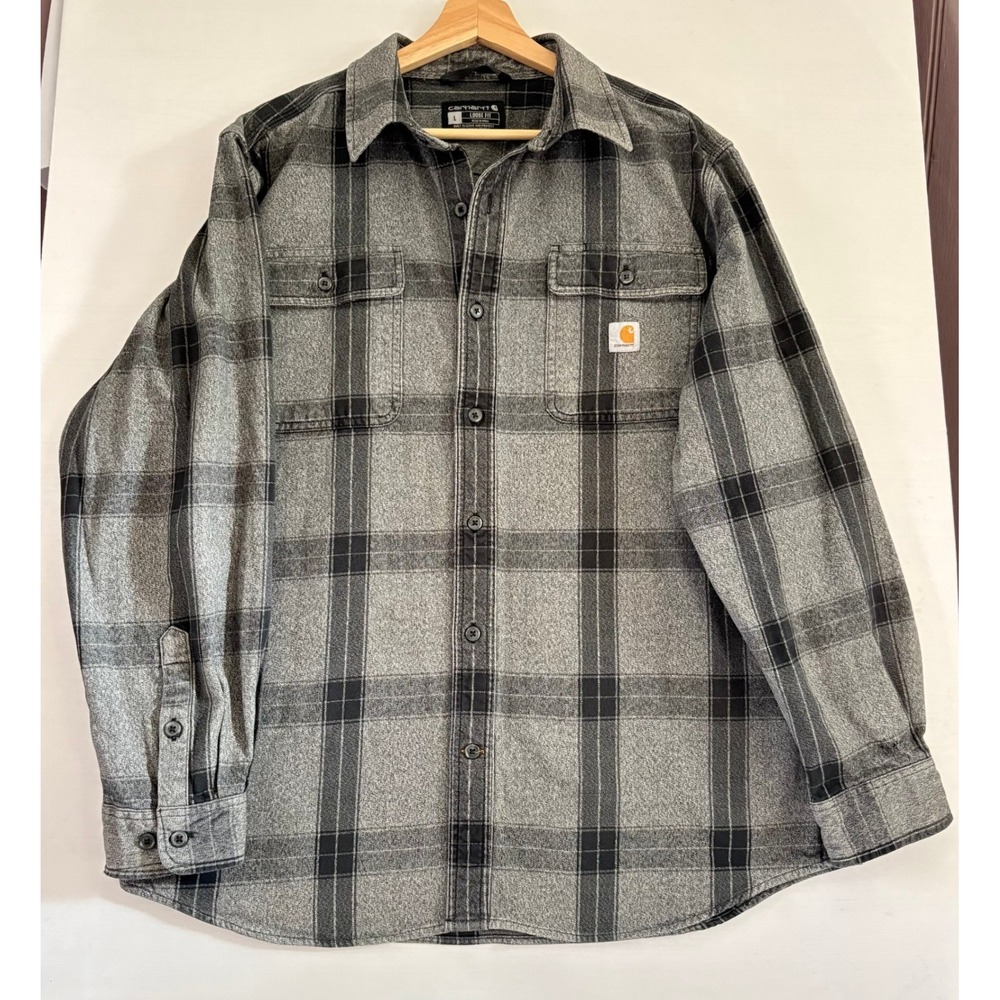 Carhartt Men Loose Fit Plaid‎ Flannel Shirt Grey Black Button Down Large
